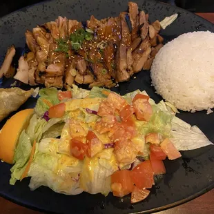 Chicken teriyaki meal. Always delicious with tender chicken and the salad is always super fresh.
