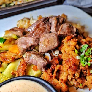 a plate of food with meat and vegetables