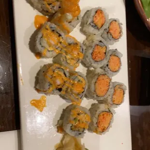 this is the shrimp tempura roll with a spicy crab roll. super kid friendly get it ever time