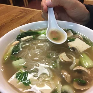vegetarian pho consisting mostly of mushrooms and not other tofu, no other vegetables as noted on the menu.