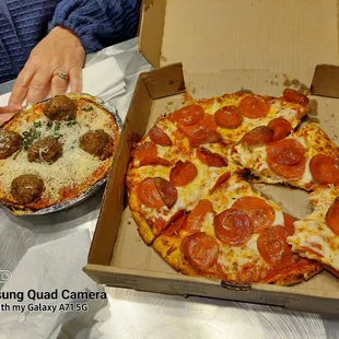 Spaghetti  with meatballs and pepperoni pizza 10&quot;