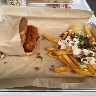 Bird &amp; the bee chicken sandwich, dirty fries, &amp; Cheerwine.