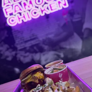 Bar-B-Coop with a side of dirty fries, bourbon baked beans, and jalapeño bacon corn.