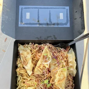 Noodles, shrimp dumplings, soya sauce