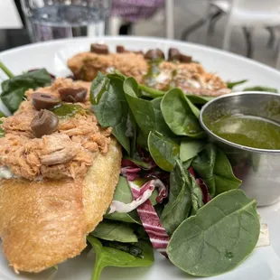 Tuna Tartine and greens. The salad dressing was nicely balanced on the sweeter side to compliment the radicchio - delicious!