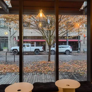 a view of a street through a window