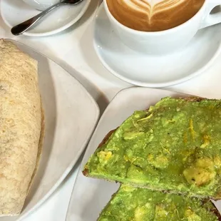 Espresso, Latte, Avocado Toast ($8.25), Breakfast Burrito ($9.95)