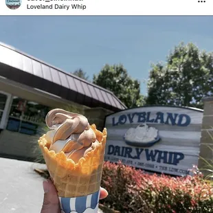 Vanilla chocolate swirl in a waffle cone