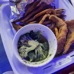 Catfish Dinner with fries and broccoli