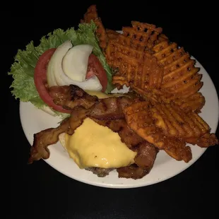 Bacon cheese burger with sweet potato fries