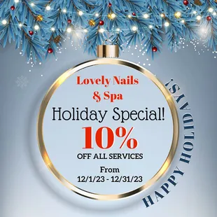 Happy Holidays! 

We invite you to come in and get 10% off ALL SERVICES!