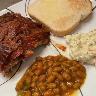 Ribs, slaw, beans, toast