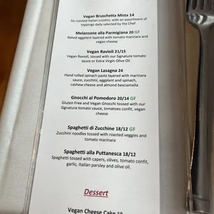 Vegan menu for those that follow that diet