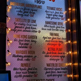 a menu for cocktails