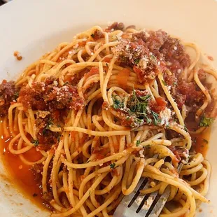 pasta in meat sauce - not bad.  Taste was good
