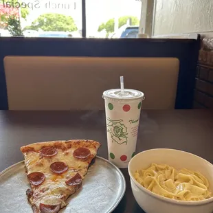 slice of pepperoni and the kids fettuccine pasta