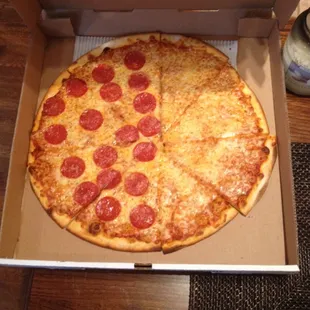 Large to go extra cheese with half pepperoni