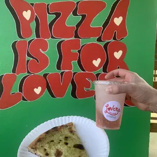 a slice of pizza and a drink