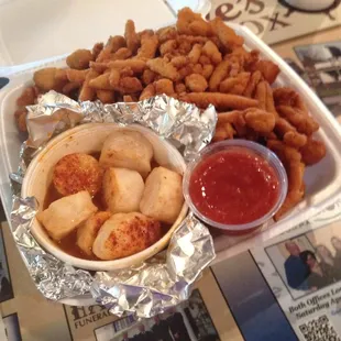 Clam strips and fried okra with broiled scallops