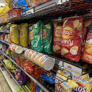 a shelf of chips and chips