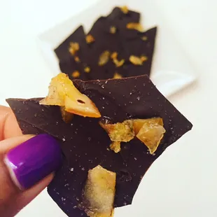 a hand holding a piece of chocolate