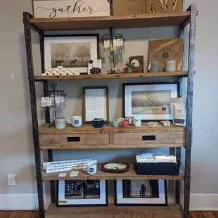 a shelf full of items
