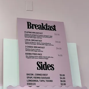 Breakfast menu + prices