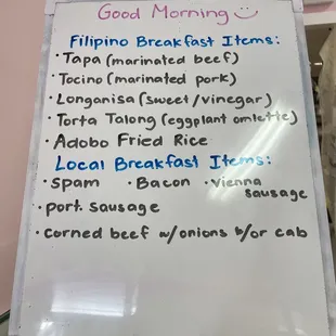Written breakfast menu board in the front
