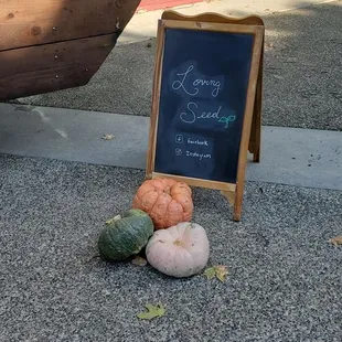 a chalkboard with a chalkboard sign next to a row of pumpkins