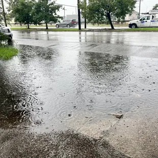 Flooded driveway because the streets were flooding.