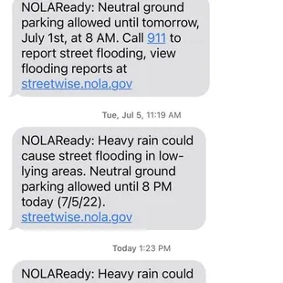 Text from NOLAReady about streets flooding.