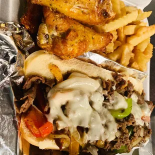 Philly cheesesteak, Wings and Fries