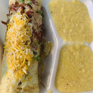 For Breakfast, meat lovers omelette w/stoneground yellow grits
