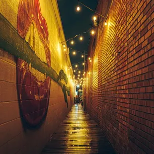 a narrow alley with lights