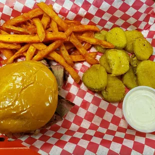 Brisket sandwich, Sweet potato fries, &amp; Fried pickles