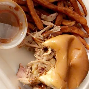 Pulled pork sandwich, sweet potato fries