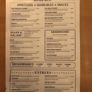 Dinner menu inside the restaurant. This actually had prices different than the dinner menu posted on their website (about 50% higher!)