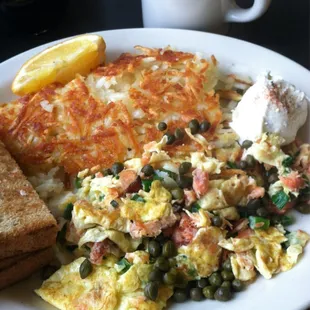 Smoked king salmon scramble. Delicious!!!!