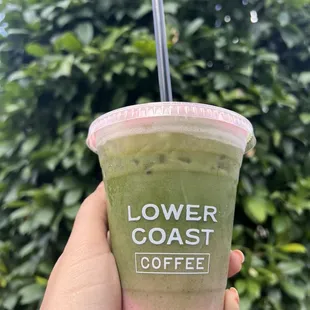 Strawberry Fields, iced matcha drink
