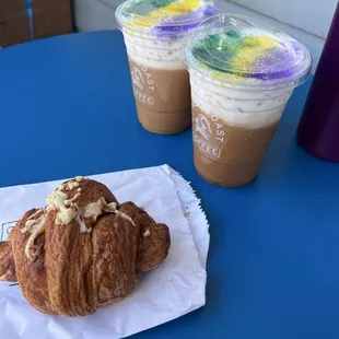 Iced king cake latte and ham and cheese croissant