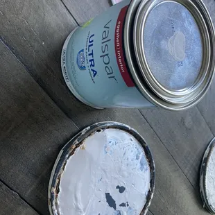 Old paint lid he matched and the new can of paint I'm so happy with!