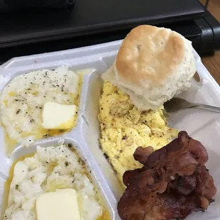 2 egg plate with grits, biscuit &amp; bacon.