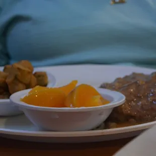 County Style Steak over Rice, Fruit and Okra