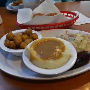 Turkey and Dressing, Cranberry. Mashed Potatoes and Gravy and Okra