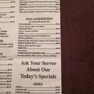 Menu as of Feb. 2017