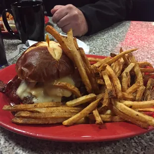 Hornet Burger with pretzel bun and fries