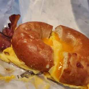 Bacon egg and cheese on a bagel