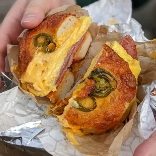 Taylor ham, egg, and cheese on a cheesy jalapeno bagel