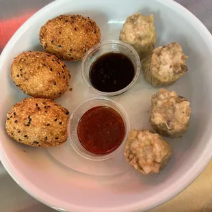 Sesame ball w salted egg yolk (don&apos;t recommend) &amp; shrimp sui mai