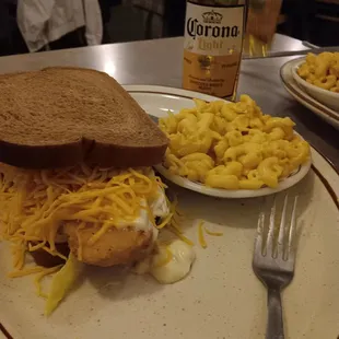 Fish sandwich and Mac and cheese.